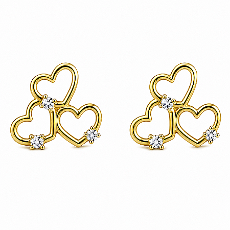 Brinco em Ouro 18K 3 Corações com Diamantes