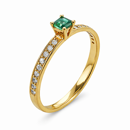 Anel em Ouro 18K Solitário com Esmeralda e Diamantes