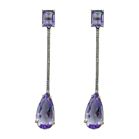Brinco em Ouro 18k Palito com Ametista e Diamantes