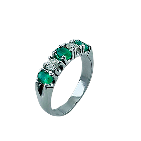 Anel em Ouro Branco 18k Meia Aliança com Esmeralda e Diamantes