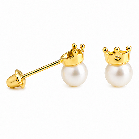 Brinco em Ouro 18k Coroa com Pérola