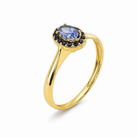 Anel em Ouro 18k Oval com Zirconia Lilás lateral Preta