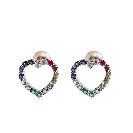 Brinco em Ouro Branco18k Coração Arco-Íris