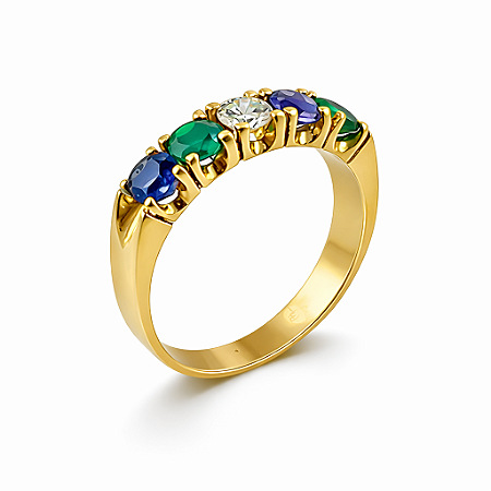 Anel em Ouro 18K Meia Aliança com Crisoprásio Ametista e Diamante