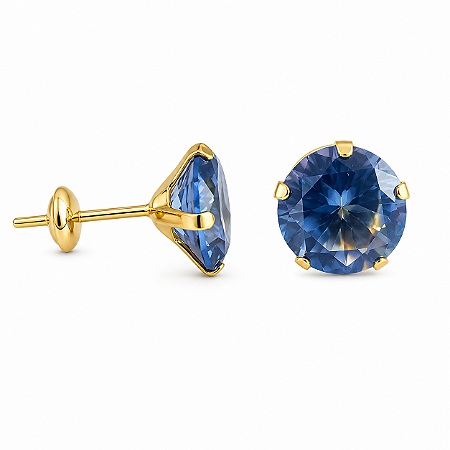 Brinco em Ouro 18k com Zircônia 7MM Azul Bebê