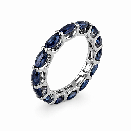 Anel em Ouro Branco 18K Aliança Inteira com Safira Navete