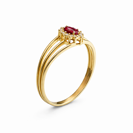 Anel em Ouro 18K Aro Triplo com Rubi Navete e Diamantes