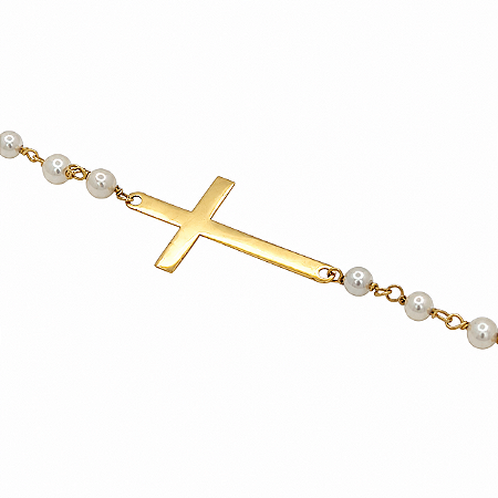 Pulseira em Ouro 18K Cruz com Pérolas de 3,40 mm