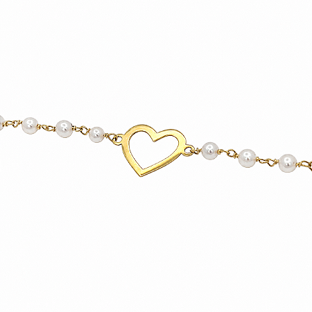 Pulseira em Ouro 18K Coração Vazado com Pérolas