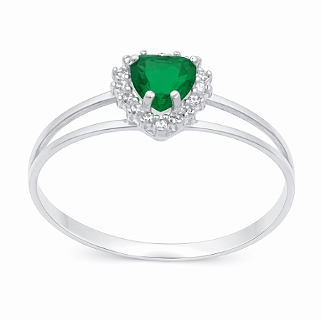 Anel em Prata 925 Aro Duplo Coração Verde 5mm