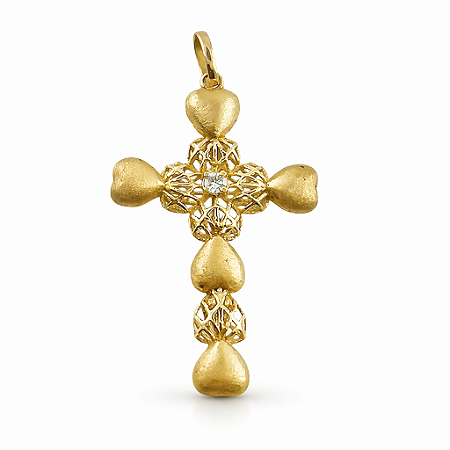 Pingente em Ouro 18k Cruz e Coração Fosco Vazado com Diamante