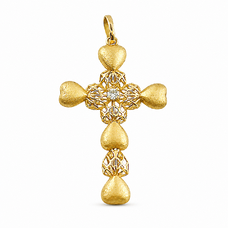 Pingente em Ouro 18k Cruz e Coração Fosco Vazado com Diamante