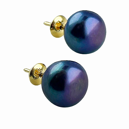 Brinco em Ouro 18k Pérola Negra Botão 10 mm