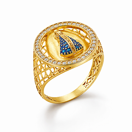 Anel em Ouro 18K Nossa Senhora com Zircônias Aro Vazado