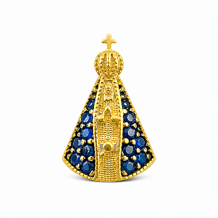Pingente em Ouro 18K Nossa Senhora com Zircônias Azuis