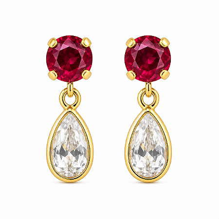 Brinco em Ouro 18k com Zircônia Redonda Rosa e Gota Branca