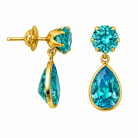 Brinco em Ouro 18K com Zirconia Redonda e Gota Azul Claro