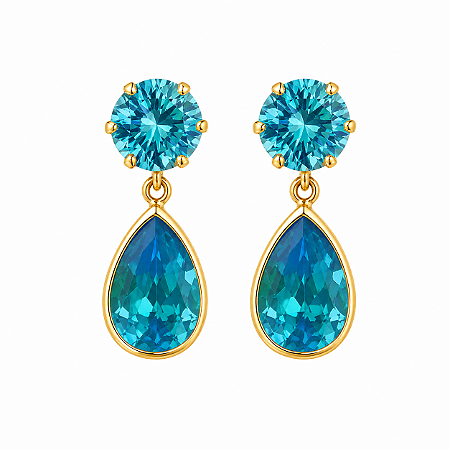 Brinco em Ouro 18K com Zirconia Redonda e Gota Azul Claro