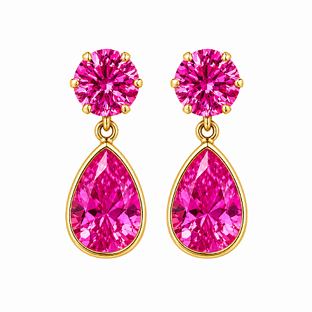 Brinco em Ouro 18K com Zirconia Redonda e Gota Rosa