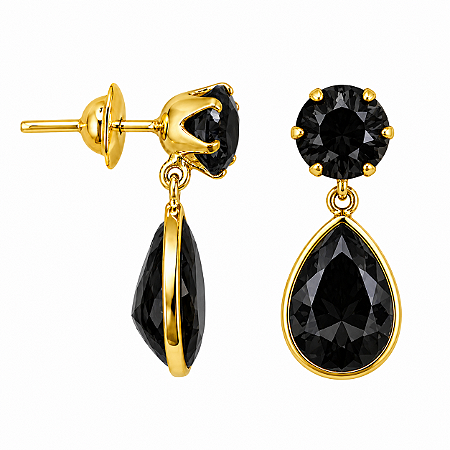 Brinco em Ouro 18K com Zirconia Redonda e Gota Preta