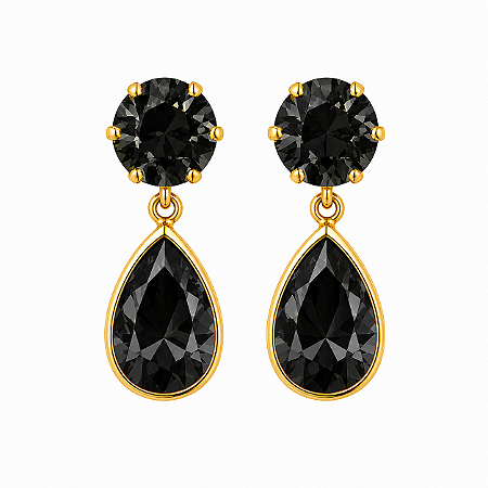 Brinco em Ouro 18K com Zirconia Redonda e Gota Preta