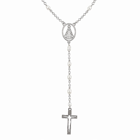 Gargantilha em Prata 925 com Pérolas Barrocas, Nossa Senhora e Cruz com Cristo