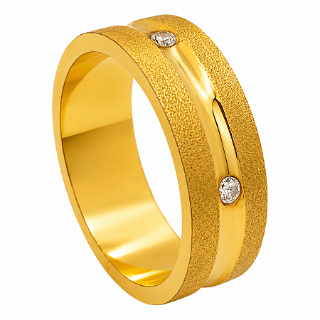 Aliança em Ouro 18K 7,50 mm com Dois Diamantes e Friso