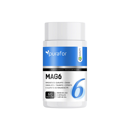 Mag6 6 Magnésios Quelato + Óxido + Dimalato + Taurato + Citrato e Cloreto de magnésio PA Purafor 500mg por cápsula
