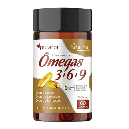 ÔMEGA 3 6 9 ÓLEO DE PEIXE, LINHAÇA E BORRAGEM – 60 CAPS PURAFOR