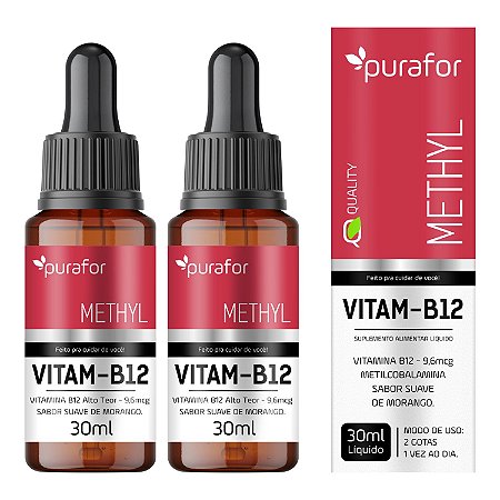 Kit 2 Vitamina B12 Metilcobalamina 30ml Purafor – Sabor Morango, Alta Absorção