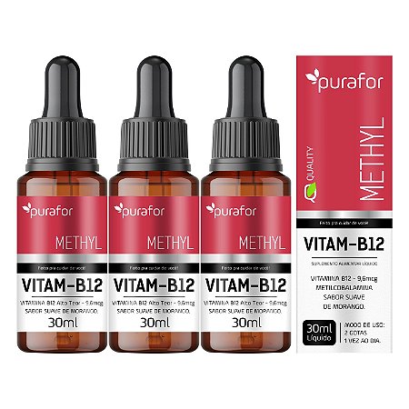 Kit 3 Vitamina B12 Metilcobalamina 30ml Purafor – Sabor Morango, Alta Absorção