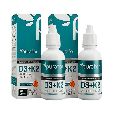 2x Vitamina D3 + K2 Gotas Purafor 20ml Imunidade e Saúde Óssea