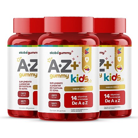 Kit 3x Multivitamínico Infantil Ekobé Gummy A-Z+ Kids S/ Açúcar Sabor Cereja 30 Gomas