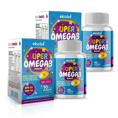 Kit 2x Super Ômega 3 Infantil Ekobé Kids 90 capsulas mastigaveis Sabor Cereja