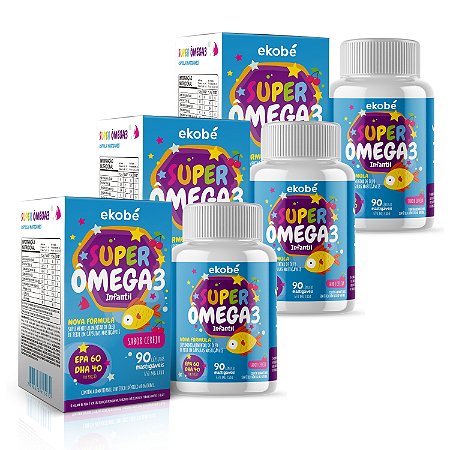 Kit 3x Super Ômega 3 Infantil Ekobé Kids 90 capsulas mastigaveis Sabor Cereja