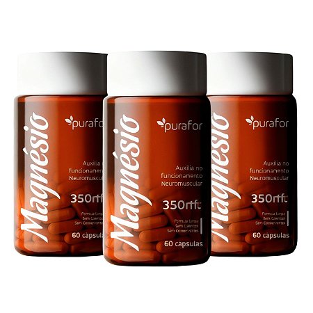 Kit 3x Magnésio 350mg Purafor 60 Cápsulas Fórmula Limpa Neuromuscular
