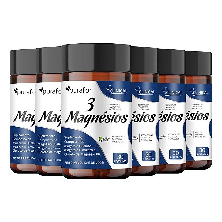 Kit 6x Suplemento 3 Magnésios Quelato Dimalato Cloreto 30 Cáps Clinical 420mg Purafor