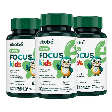 Kit 3x Suplemento Infantil Focus Gummy Kids Ekobé 30 Gomas Foco Concentração Memória Visão Sem Açúcar