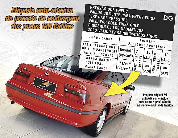 Adesivo Pressão Pneus GM CALIBRA 2.0 16V
