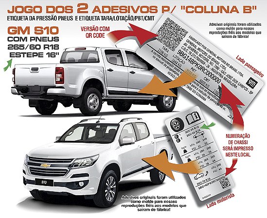 Jogo Adesivos Pressão Pneus GM S10 265/60 R18 (Estepe R16) QR Code Chassi