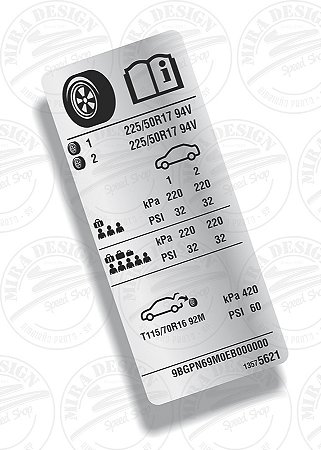 Adesivo Pressão Pneus Chevrolet CRUZE 225/50 R17 (G1) C/ CHASSI