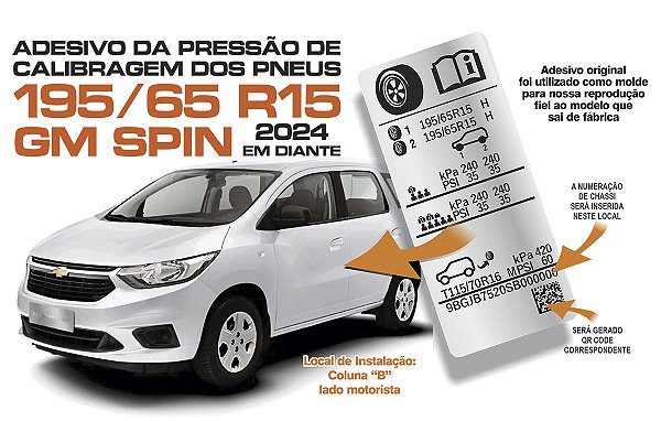 Adesivo Pressão Pneus GM SPIN 195/65 R15 QRCODE CHASSI 2024 Diante