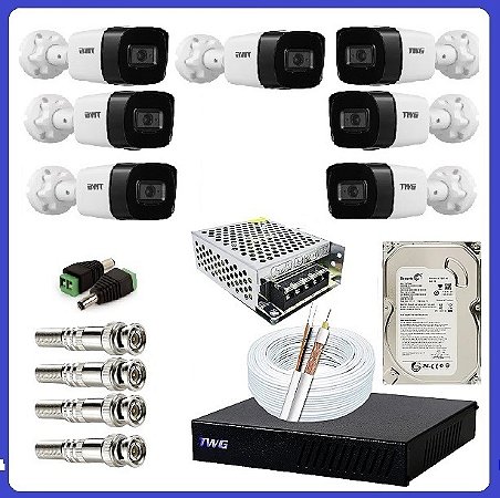 Kit 07 Câmeras de Segurança FULL HD 1080p Bullet 20 Metros + DVR TWG 5208FD + App Grátis de Monitoramento + HD 500gb, Fonte, Cabos e Acessórios