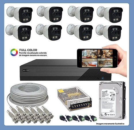 Kit CFTV 8 Câmeras Segurança 20m 2Mp DVR 8Canais FullColor