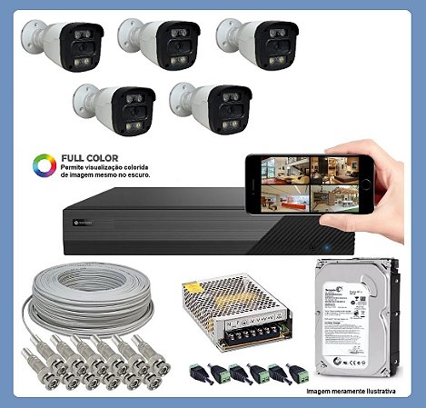 Kit CFTV 5 Câmeras Segurança 20m 2Mp DVR 8 Canais FullColor