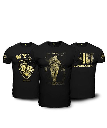 Kit  3 Camisetas Militares Pretas em Algodão NYPD