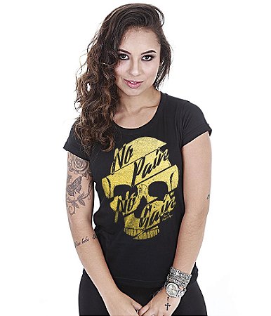 Camiseta Academia Baby Look Feminina No Pain No Gain Gold Skull Team Six Brasil