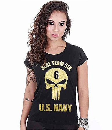 Camiseta Baby Look Feminina Punisher Seal US Navy Gold Line