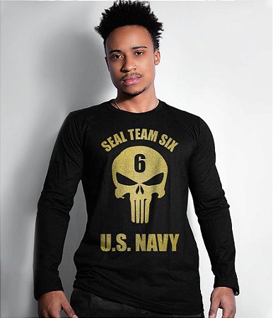 Camiseta Manga Longa Punisher Seal US Navy Gold Line Masculina