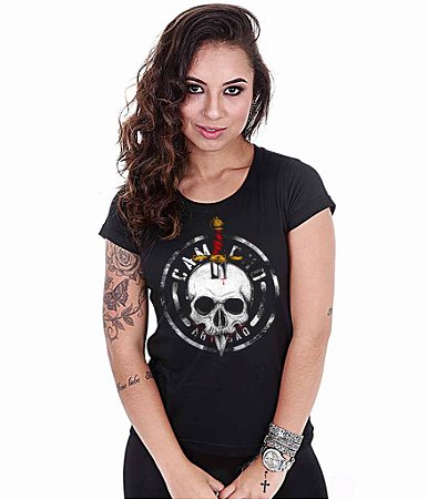 Camiseta Baby Look Feminina Squad T6 Camacho Artesão Faca na Caveira Tributo ao Bope